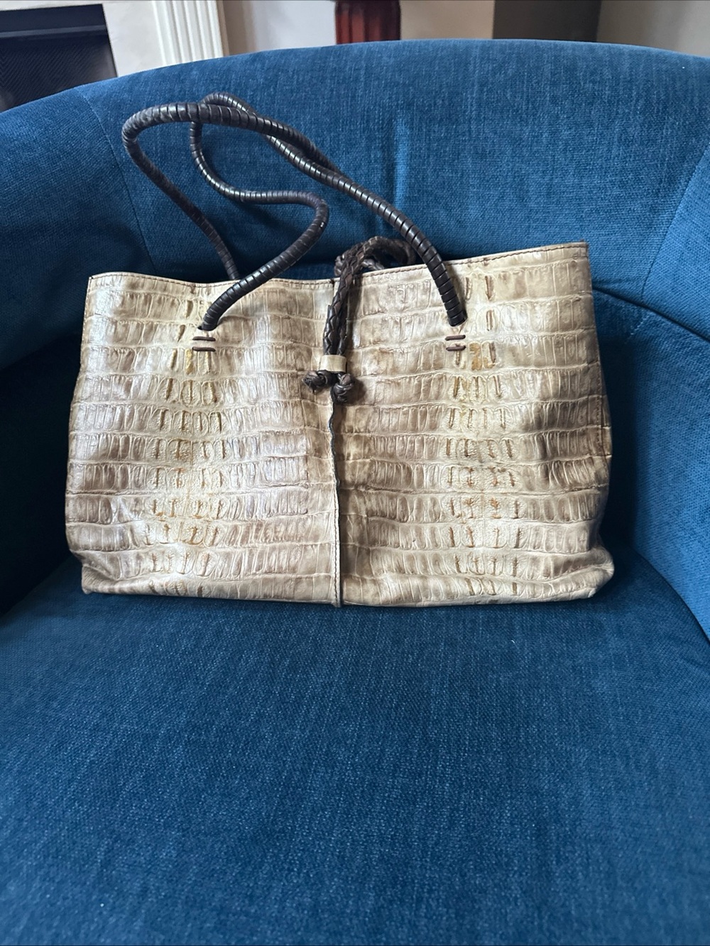 Textured Cream Tote with Dark Brown Braided Handles